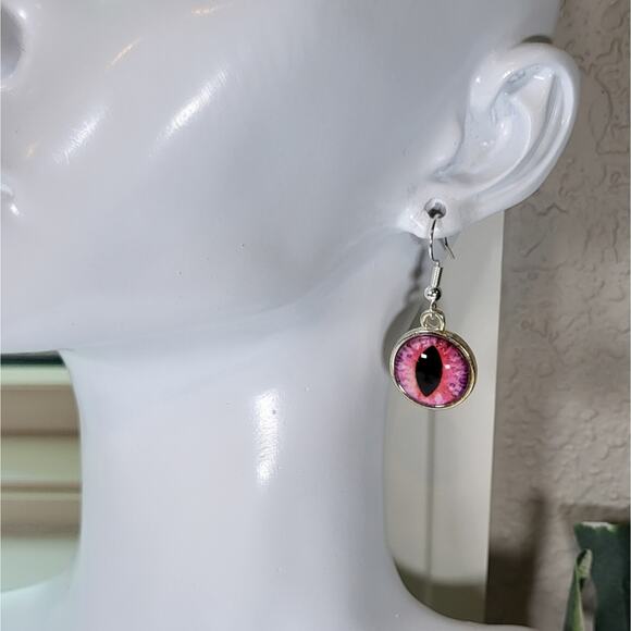 Pink Cat Eye Dangle Earrings - Handmade Statement Jewelry - Picture 3 of 6